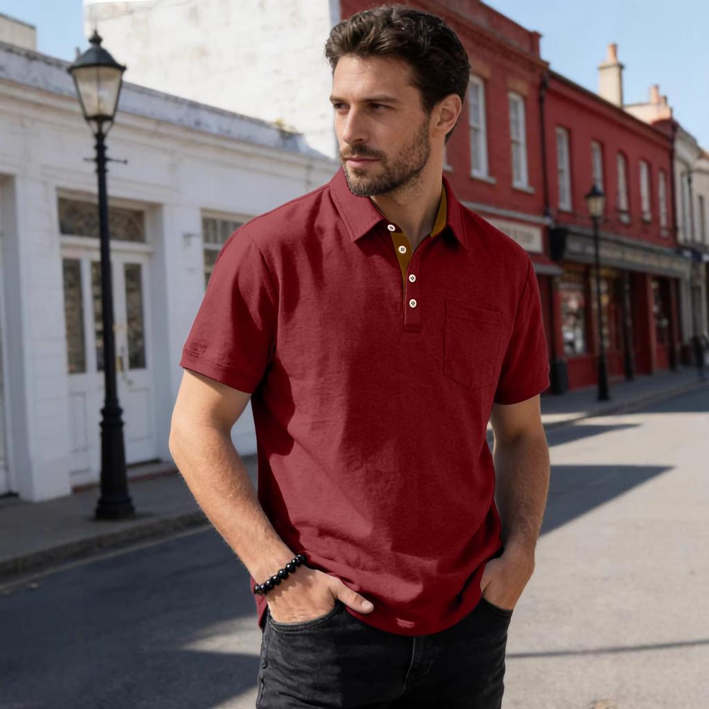 New men's plain-coloured short-sleeved polo shirt with a lapel – a versatile, mature yet casual T-shirt for men