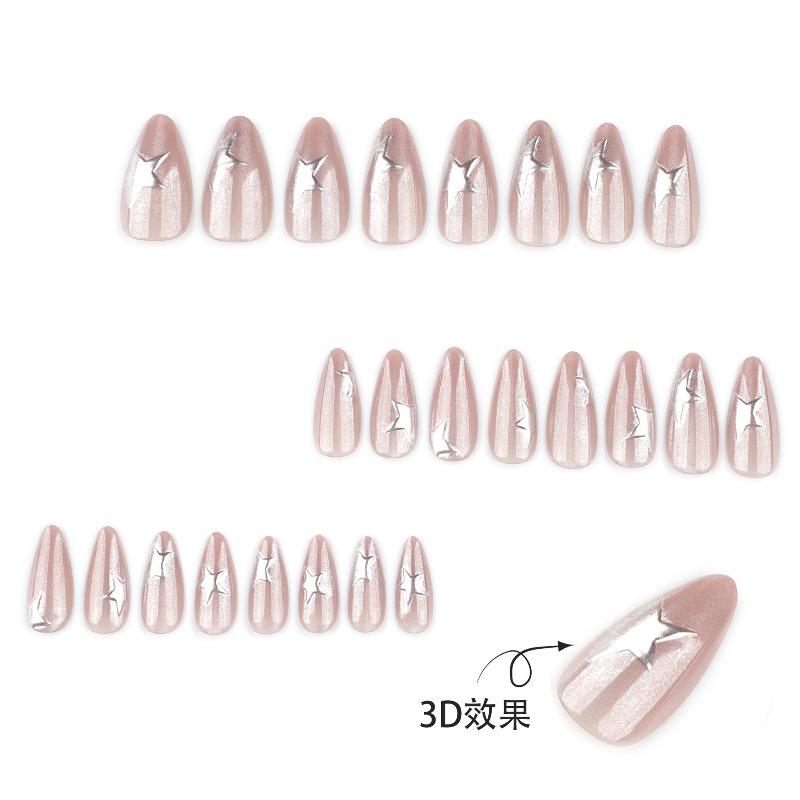 Flash cat's eye short almond nail piece fake nail wholesale 3D three-dimensional silver star nail piece wearing nail