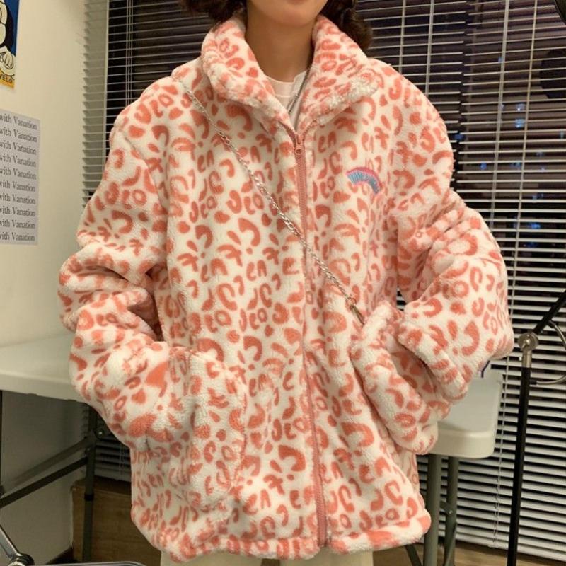 

Винтажная уличная толстовка из овечьего флиса в стиле гранж, женская корейская модная толстовка оверсайз на молнии, женская одежда, новинка M розовый