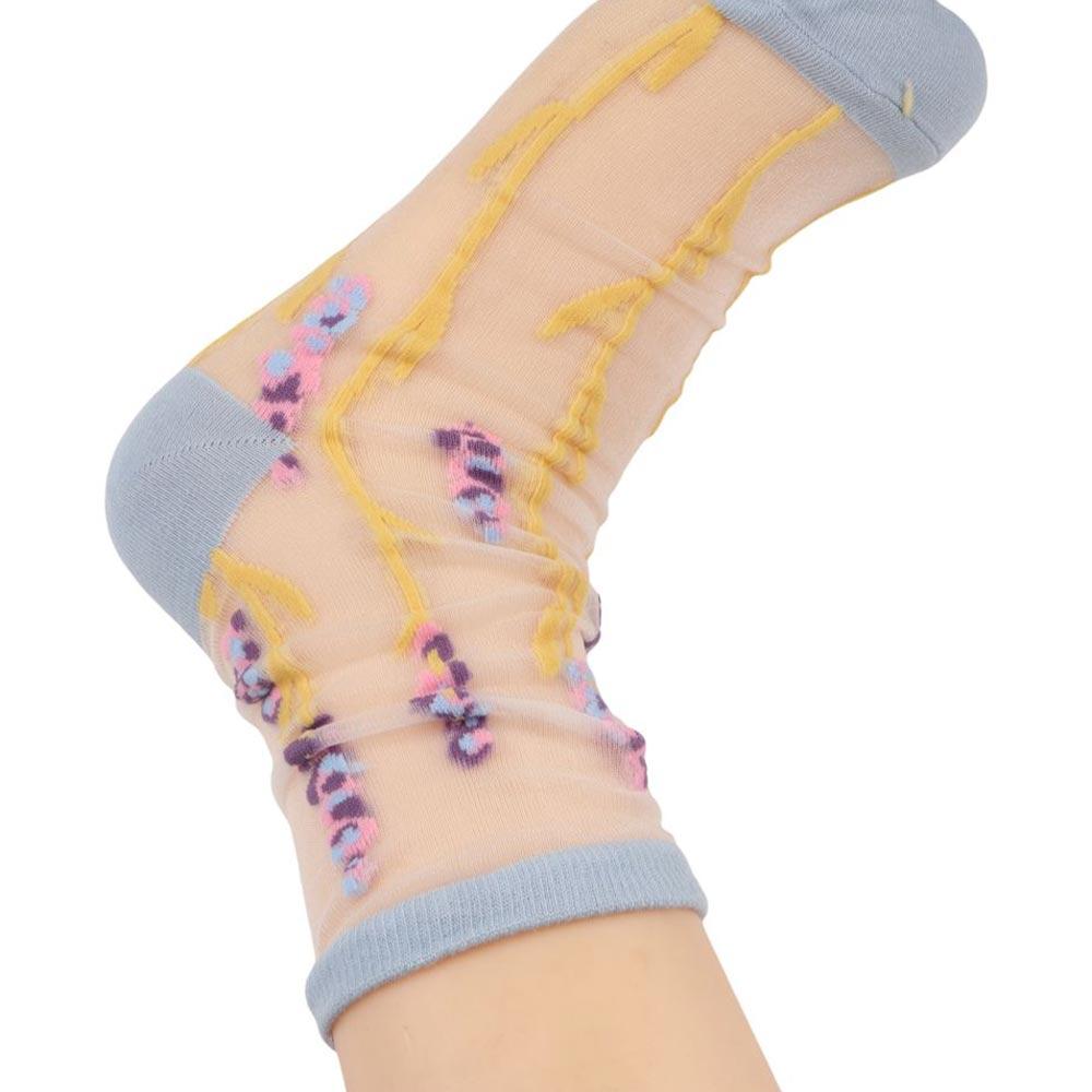 Korean Embroidery Crystal Silk Socks Middle Tube Socks Floral Hosiery Women's Socks Flower Socks