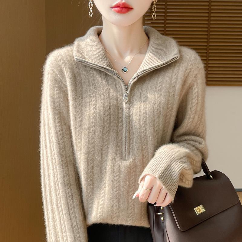 Women's 100% Pure Wool Thickened Half-Zip Cable Knit Cardigan