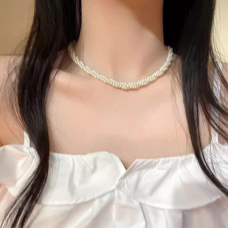 Multi-Layer Twining Pearl Choker Necklaces For Women Girls Vintage Elegant Geometric Beaded Necklaces Jewelry Accessories