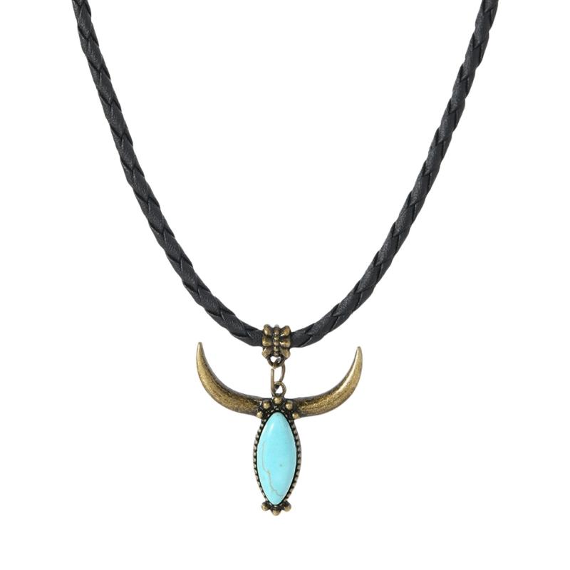 Turquoise Bull Head Pendant Necklace Ethnic Style Hand Leather Jewelry For Cultural Fashion