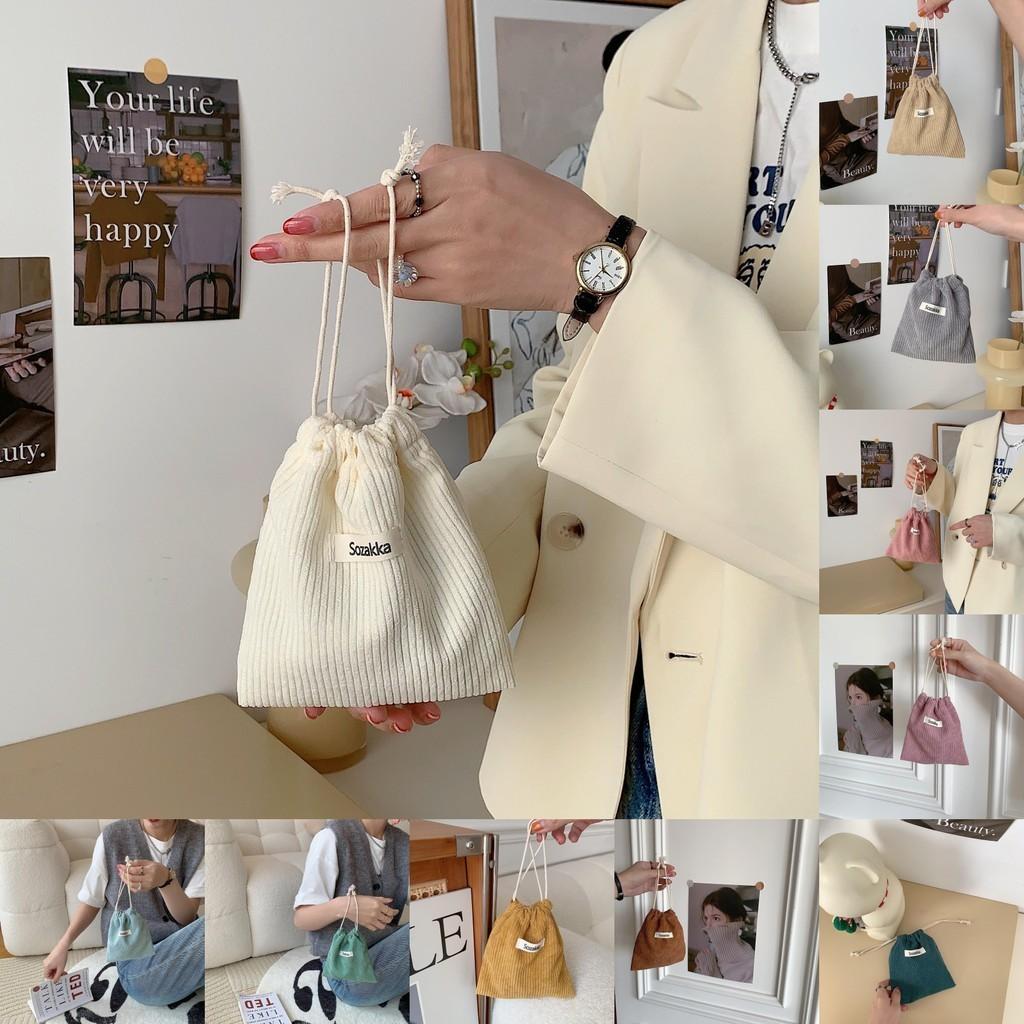 32133 Plain Corduroy Weave Tag Drawstring Closure Cosmetic Bag Women Portable Large Capacity