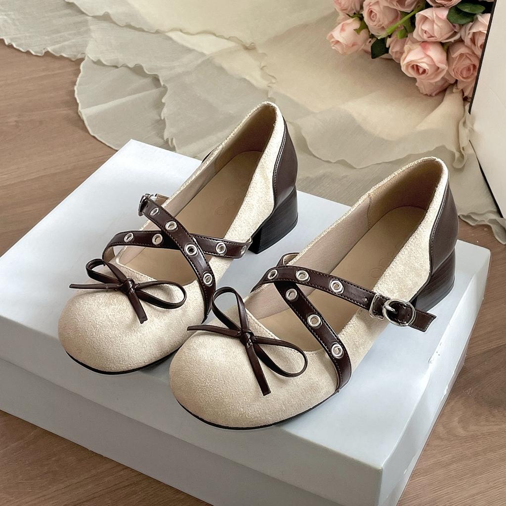 Retro Runde Zehenpartie Mary Jane Schuhe Damen Frühling Design Dicke Absatzschuhe 2026 Neu Damen Schmetterlingsknoten Schnalle Party Pumps
