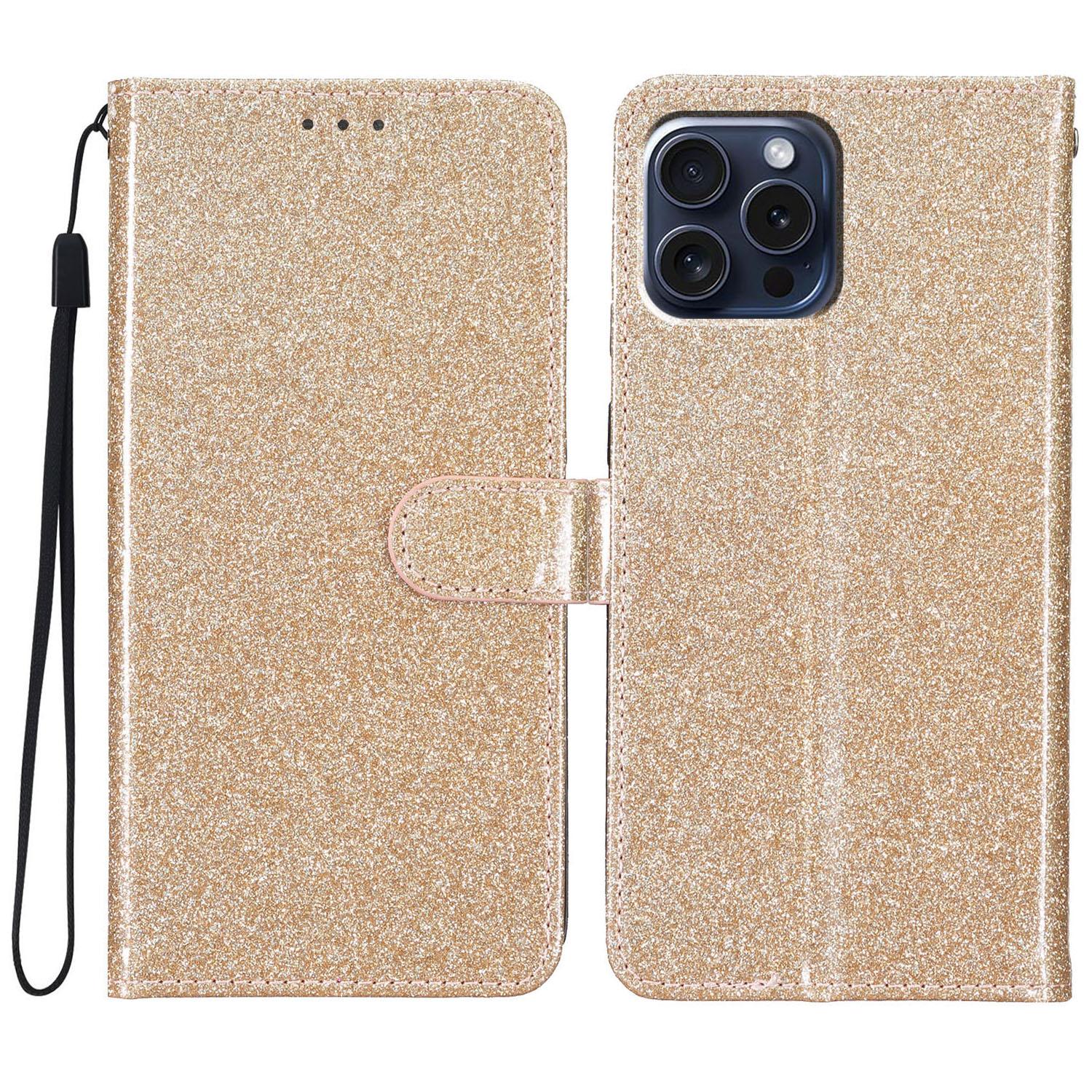 

For iPhone 16 Pro Case Glitter PU Leather Wallet Card Slots Phone Cover Gold