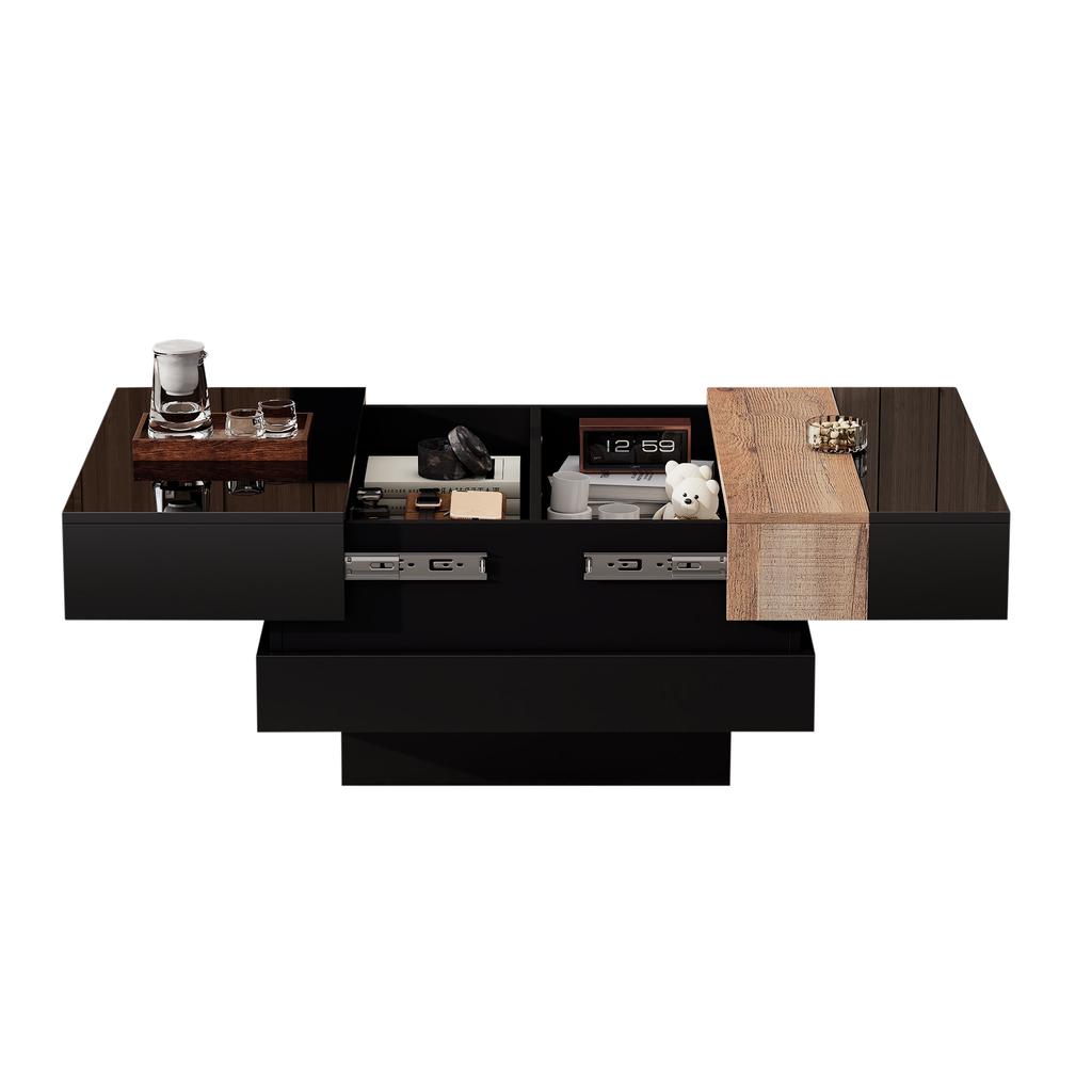 Tavolino Quadrato per Soggiorno 70*70*39cm, Tavolino da Caffè Estensibile con Contenitore Nascosto, Tavolino da Tè con Design Color Block, Tavolino Laterale ad Alta Lucentezza, Nero, MDF