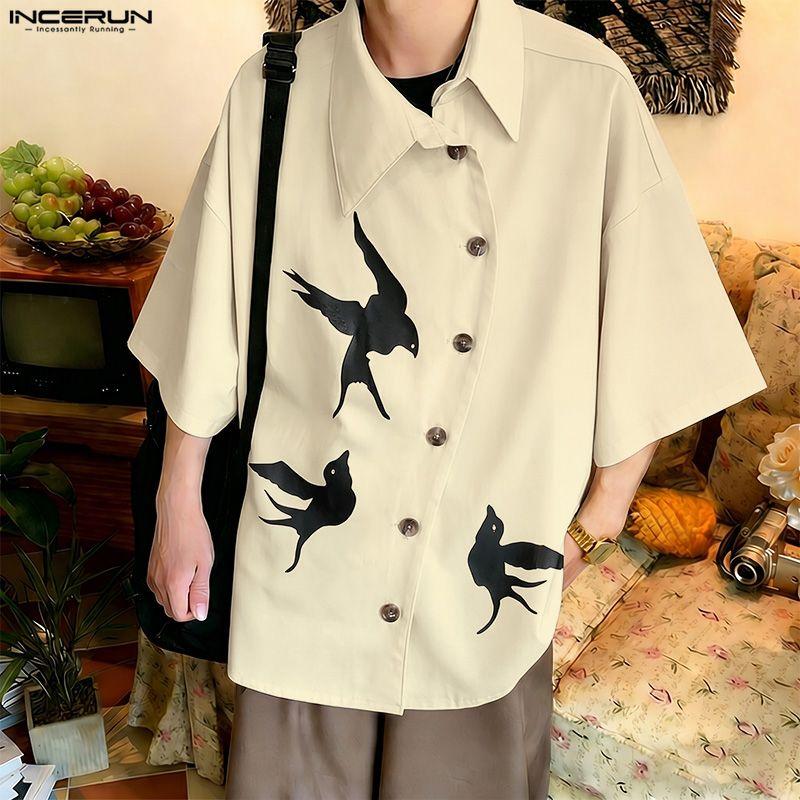 INCERUN Oversized Men Lapel Neck Short Sleeve Side Buttons Up Print Casual Loose Shirts