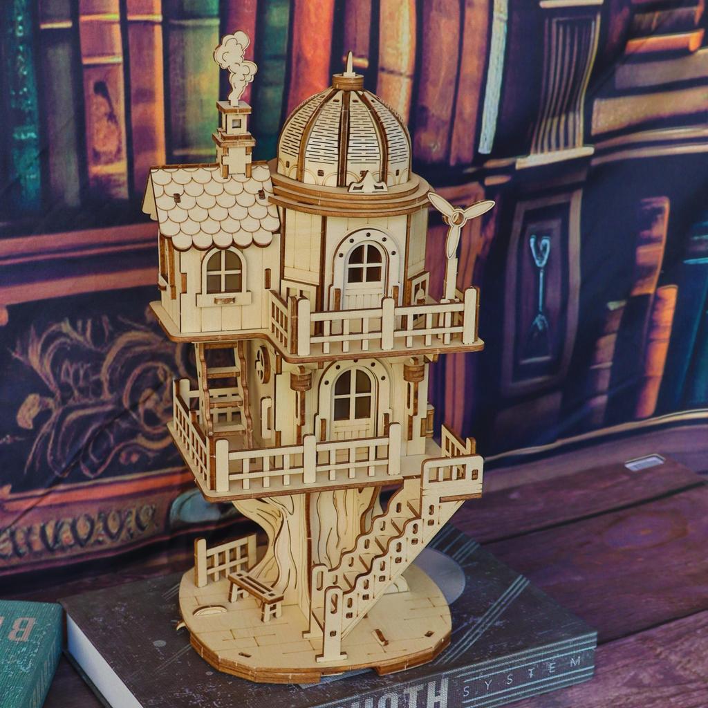 3D wooden puzzle model of treehouse, wooden forest cottage villa, multi story dome building assembly model, handmade DIY creativ