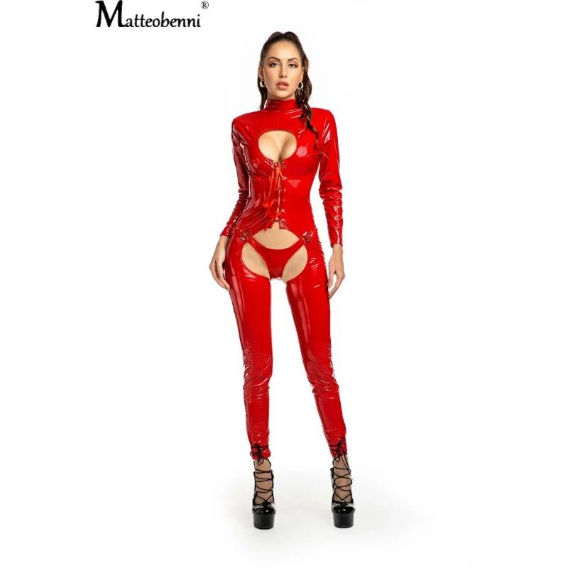 Women Sexy Hollow Out Latex Catsuit PVC Faux Leather Wetlook Jumpsuit Hot Exotic Costume Lingerie PU Bodysuit Clubwear Overalls