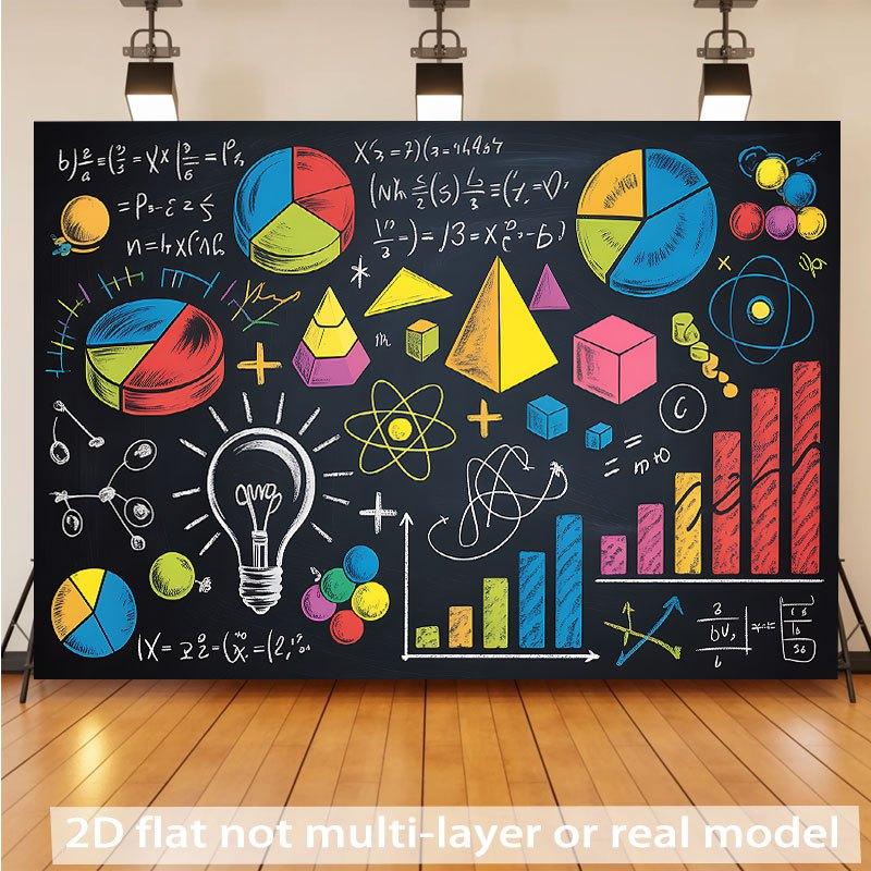 One piece, 2D flat banner, designed in the form of a blackboard, featuring mathematical and scientific symbols