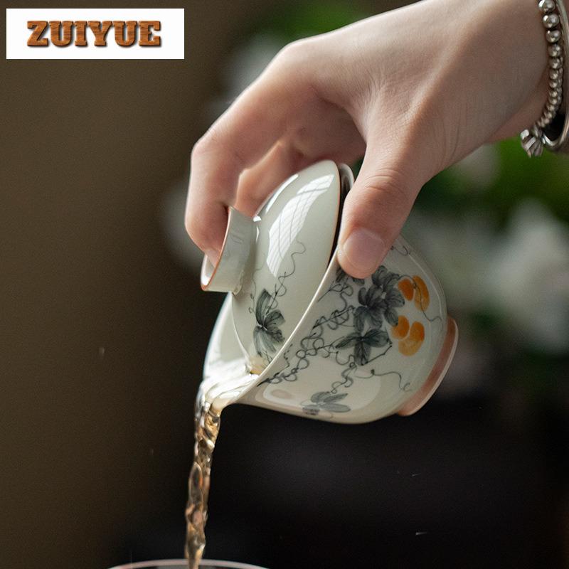 135ml Antique Green Hand-painted Gourd Gaiwan Ancient Tea Tureen Tea Bowl With Lid Kit Tea Brewing Cover Bowl Teaware Ornaments