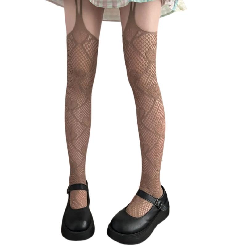 Women Gothic Fishnet Mesh Garters Thigh High Stockings Tights Hollowed Sweet Heart Patterned Sheer Suspender Pantyhose