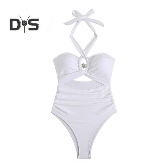 Women Monokini Padded Underwire Solid Color Halter One-Piece Bikini with Hollow Design Beach Vacation Swimwear