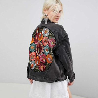 Vintage Oversize Wielokwiatowa Haftowana Kurtka Dżinsowa Damska Cowboy Długi Rękaw Klapy Casualowy Płaszcz Dżinsowy Streetwear Okrycie Wierzchnie