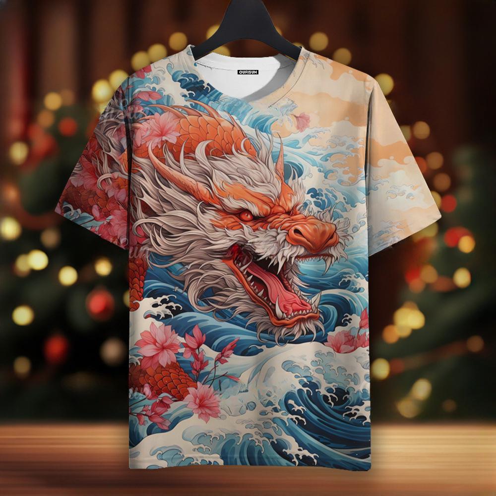 

Летний топ с круглым вырезом и принтом 3D-дракона, модные повседневные футболки с короткими рукавами для мужчин S