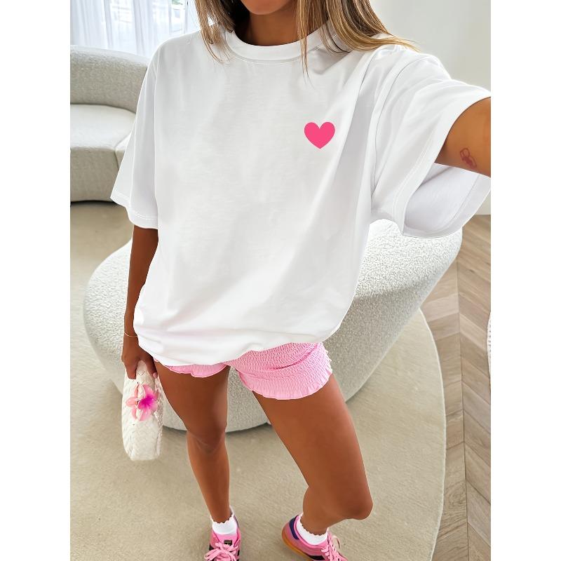 

European sizes Short-Sleeve T-Shirt with a Minimalist Pink Heart Pattern Print, Perfect for Summer Or Spring, Offering a Sweet And Cute Look for Women 4XL білий