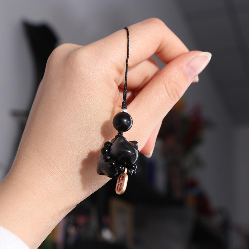 Stone Lucky Cat Braid Rope Pendant Silver Obsidian Cat Car Key Ring Cute Bag Charms  Couple