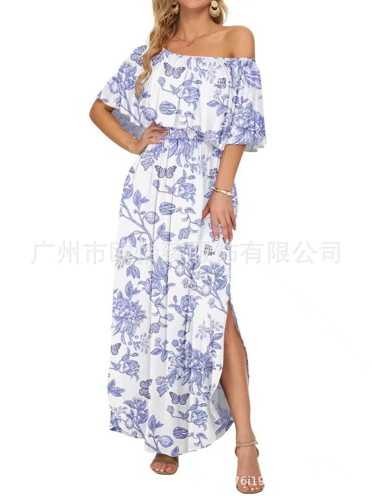 Summer new printed one-word shoulder short-sleeved long dress
