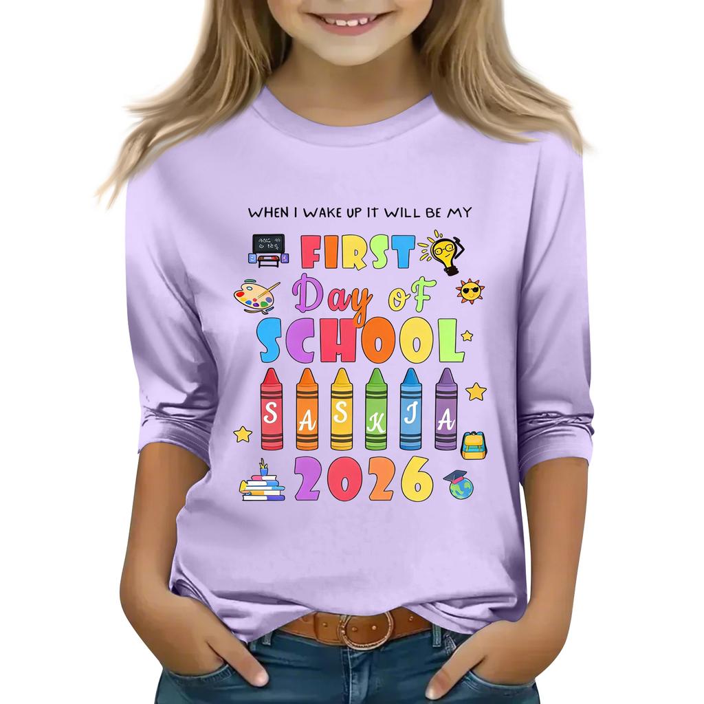 Kids Printed Three-Quarter Sleeve Round Neck Top for Back To School Casual Wear
