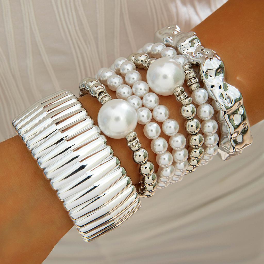 Accessories, geometric metal exaggerated bracelets, multi-layer pearl beaded bracelet set