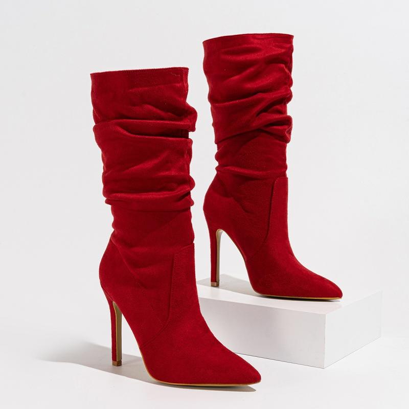 

Модные AIYUQI 2025 новые женские ботильоны на высоком каблуке-шпильке с острым носком, средней высоты голенища, весенние женские ботинки, модные плиссированные женские туфли на высоком каблуке 35