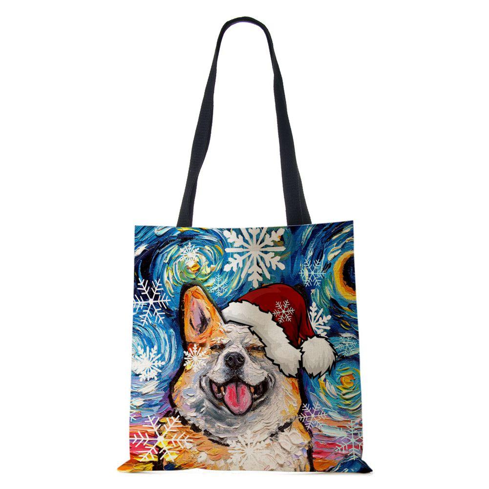 Christmas Dog Canvas Shopper Tote Bag Utskrift Harajuku Kvinner Gjenbrukbar skulderveske 2022 Casual Stor kapasitet sammenleggbar håndveske