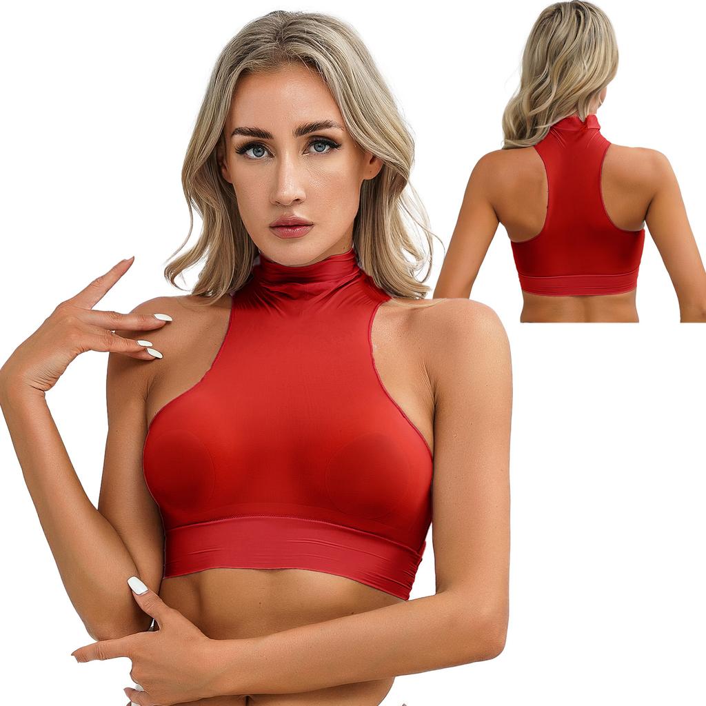 Womens Mock Neck Sleeveless Sheer Crop Top Glossy See Through Vest