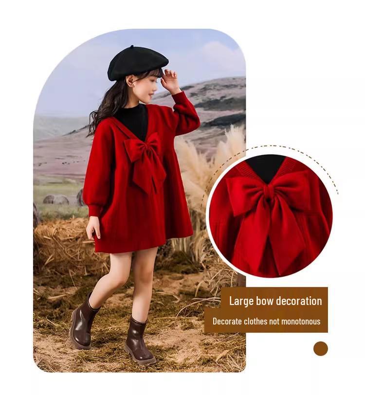 Girls' Red Faux Two-Piece Knitted Dress, 2025 Style, Autumn/Winter Fashion for Big Girls