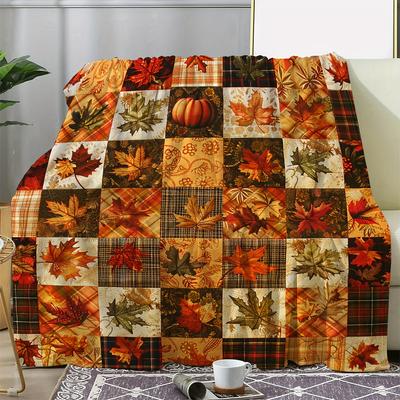 1 pièce Imprimé à Carreaux Citrouille d'Automne Vintage et Feuille d'Érable, Couverture Légère Toutes Saisons pour Canapé, Lit, Bureau, Voiture, Camping, Voyage