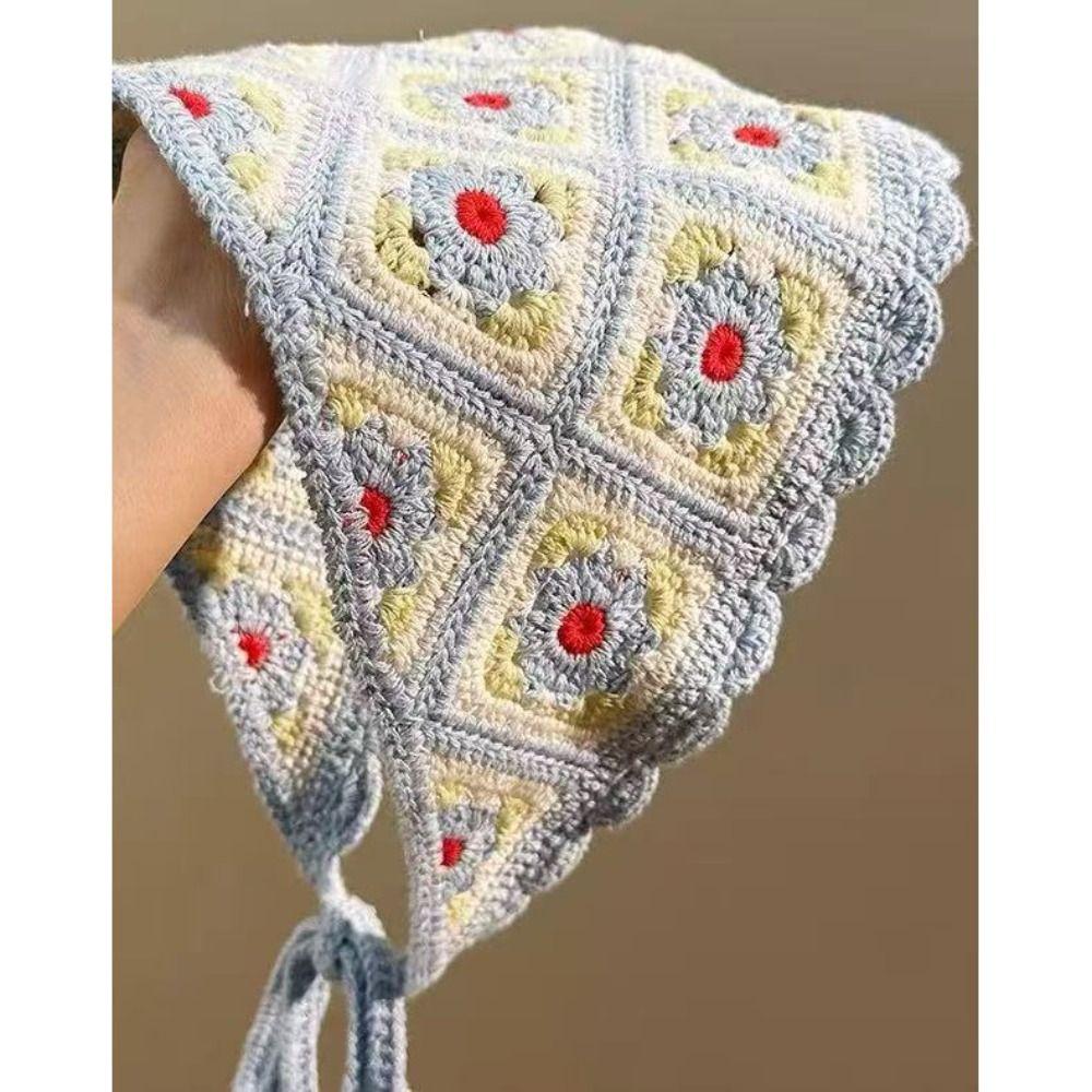 Knitted Triangle Headband Crochet Beach Vacation Headkerchief Sweet Girl Flower Headscarf
