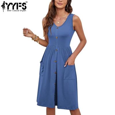 Damenmode, Sommer, Frühling, einfarbig, ärmellos, V-Ausschnitt, hohe Taille, Freizeitkleider