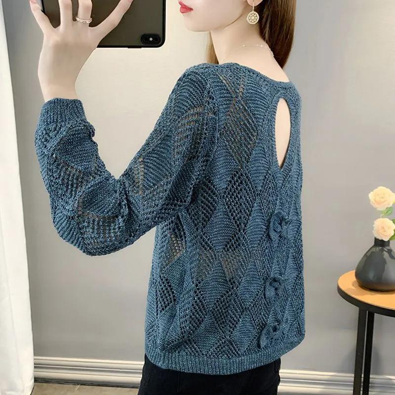 Women's Spring and Summer Loose-Fit V-Neck Long Sleeve Hollow Out Top Thin Pullover Knit Base Layer Sweater