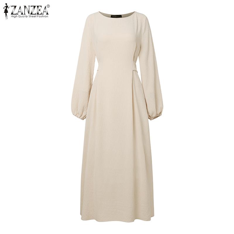 ZANZEA Women Casual Round Neck Solid Color Loose Long Sleeve Long Dress