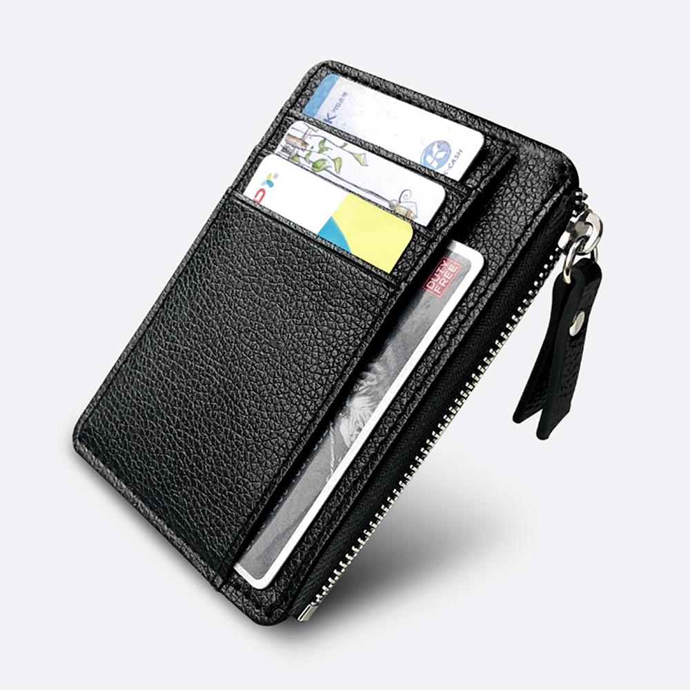 Black Lichee Pattern Leather Multi-purpose Card Wallet Unisex Small Zipper Coin Purse Men's Credit Card Bag ID Card Holders