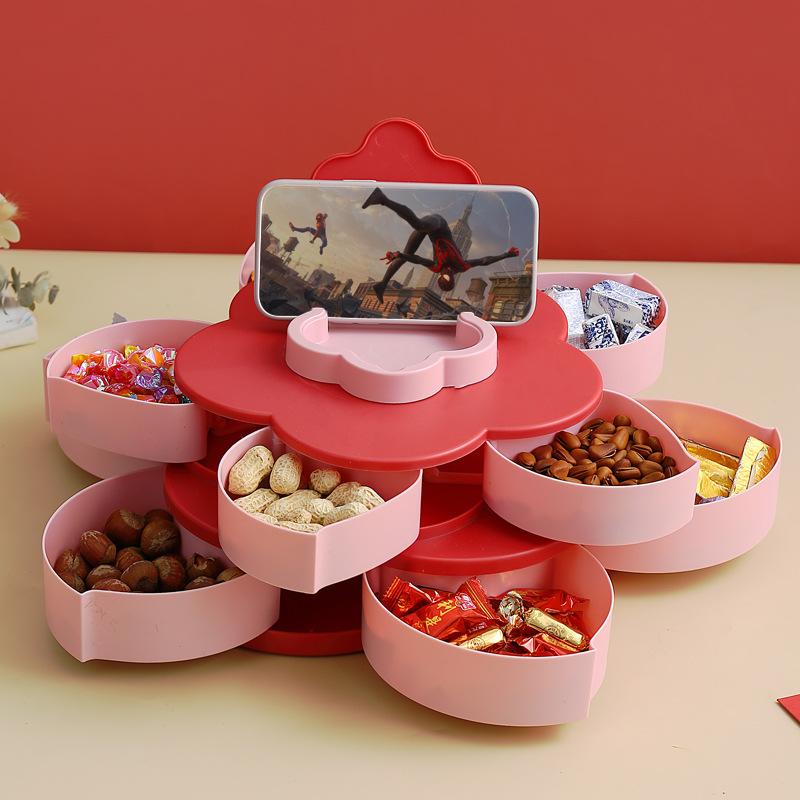 Petal Shape Rotating Candy Box Snack Nut Box Flower Candy Fruit Plate Food Storage Case Two Deck Dried Fruit Storage Organizer
