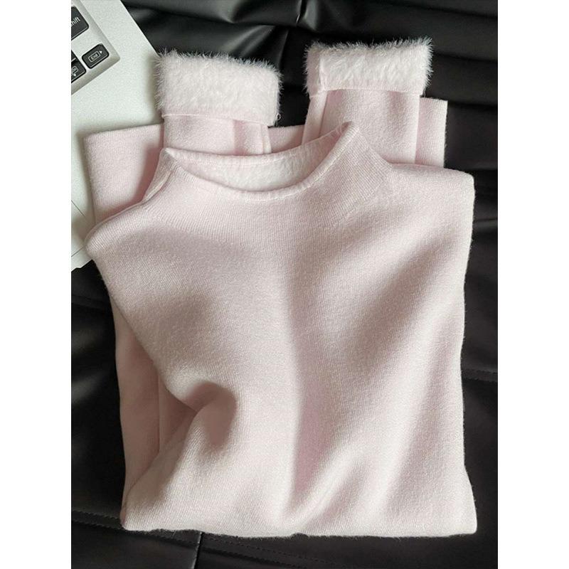 Thickened Integrated Mink Velvet Semi-turtleneck Sweater Women's Autumn and Winter Solid Color Inside Stacked Knitted Sweater Simple Top Base