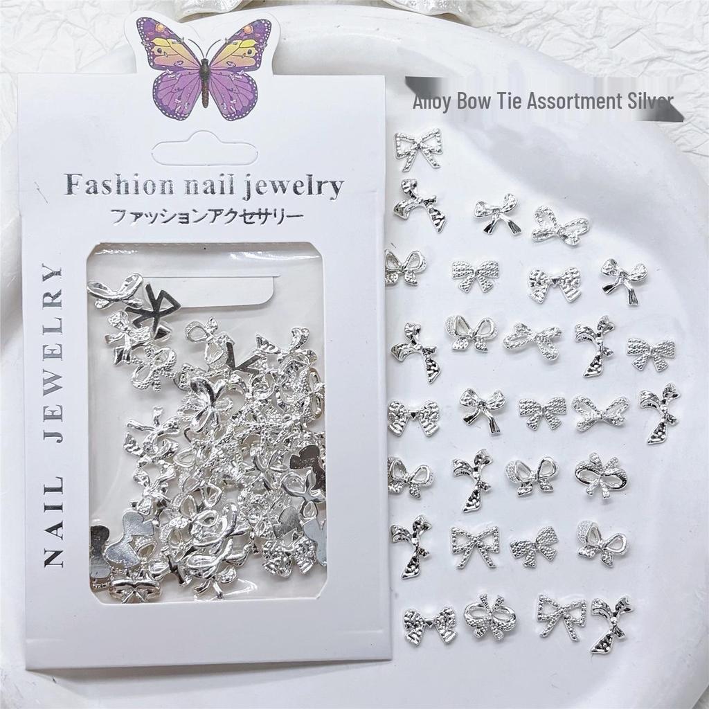 Mixed Alloy Nail Art Charms: Silver Bow, Hollow Butterfly, White K, Mixed Metal DIY Accessories