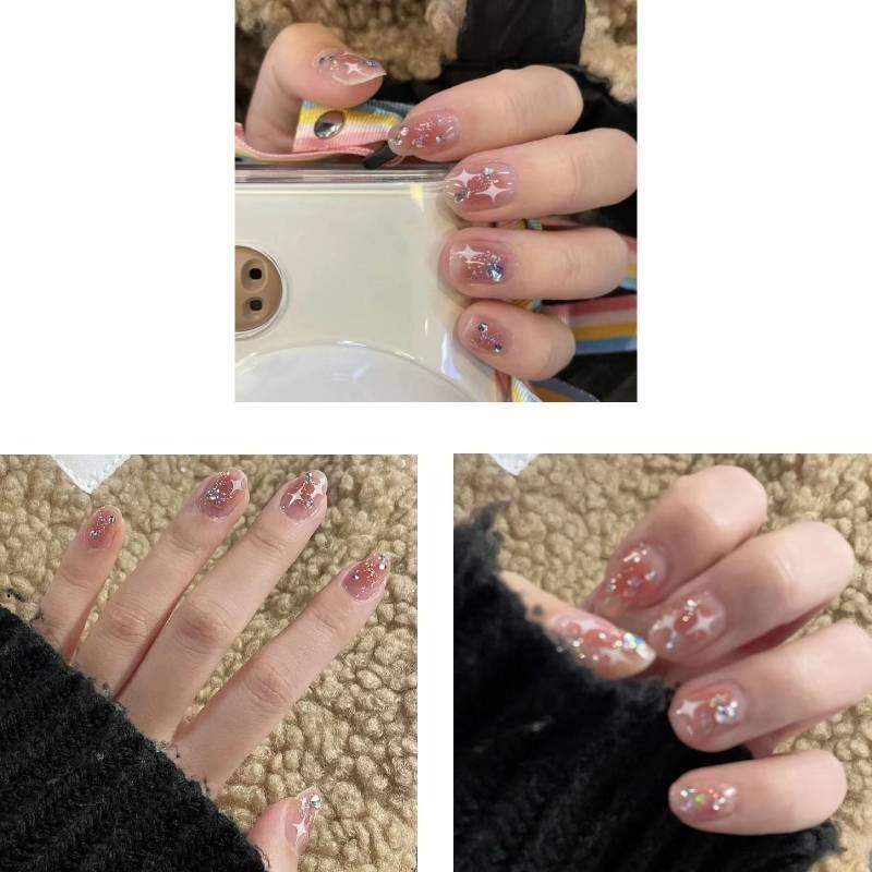 Brightening And Detachable Artificial Nail Stickers For Students Short Medium Long With Rhinestones