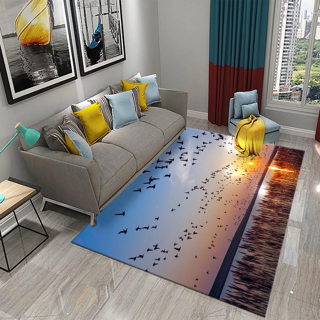 3D Migratory Birds Carpet Sunset Seaside Birds Rugs for Kitchen Bathroom Anti-Slip Carpet Living Room Bedroom Floor Decor Mats