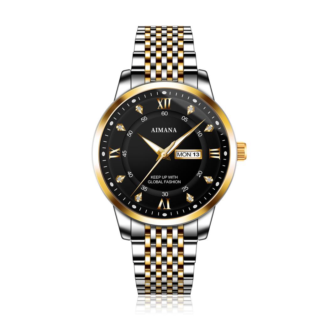 Business Men Watch Quartz Movement Dual Calendar Week Date Steel Band Roman Numerals Diamond Scale Male Wrist Clock