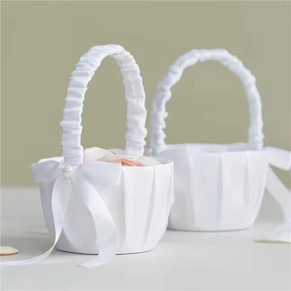 20 Cm White Flower Girls Basket Silk Kids Hand Held Wedding Basket Pearl Bow Wedding Ceremony Party Decorations
