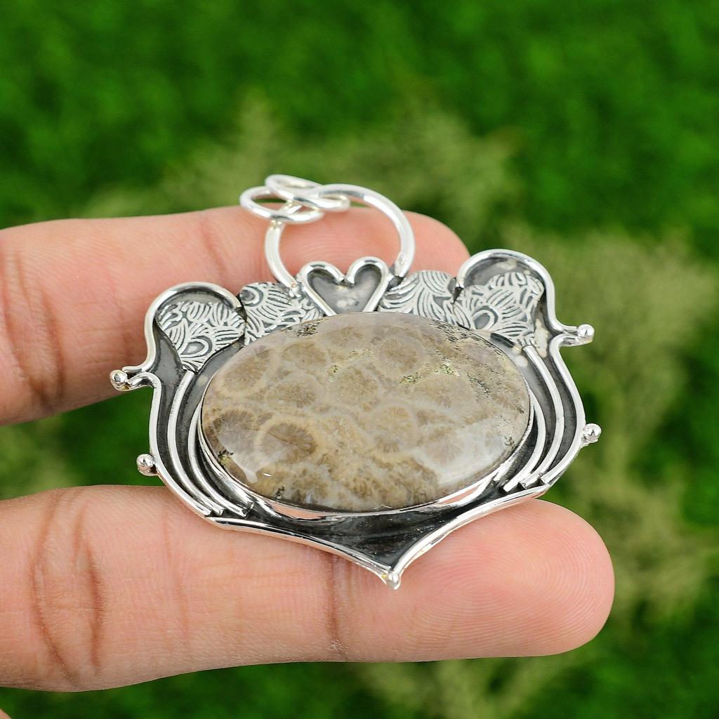 Daughters Day Deal Sterling Silver Oval Fossil Coral Stone Wedding Wife Pendant