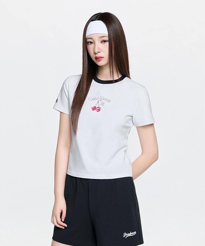 Emelbi Women'S Summer Fruit Ringer Slim Semi-Crop Short Sleeve T-Shirt Ny (White)