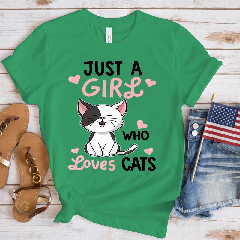 

Funny Just A Girl Who Loves Cats Print T-Shirt Women Summer Casual Short Sleeve Shirt Fashion Loose Tops 4XL
