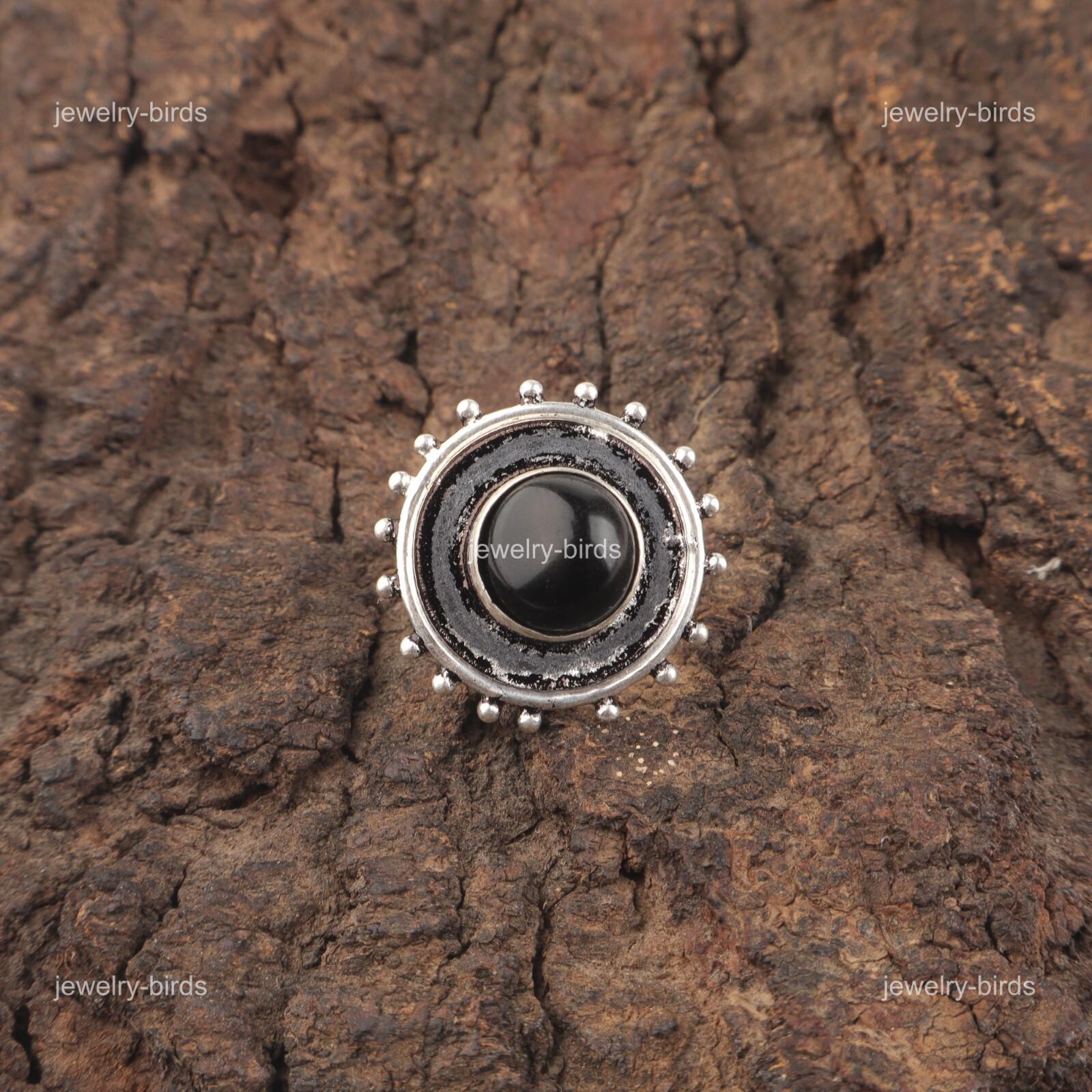 

Круглый камень черный турмалин Свадебное заявление Арт-деко кольцо Ювелирные изделия 925 серебро RR-49-29 15