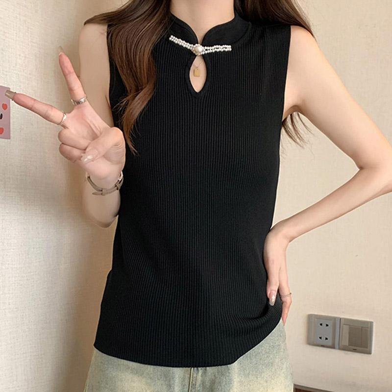 White Tank Tops Women 2025 Summer Sleeveless Stand Collar Black Slim Knitted Tank Tops Camis Women Tops JJ250
