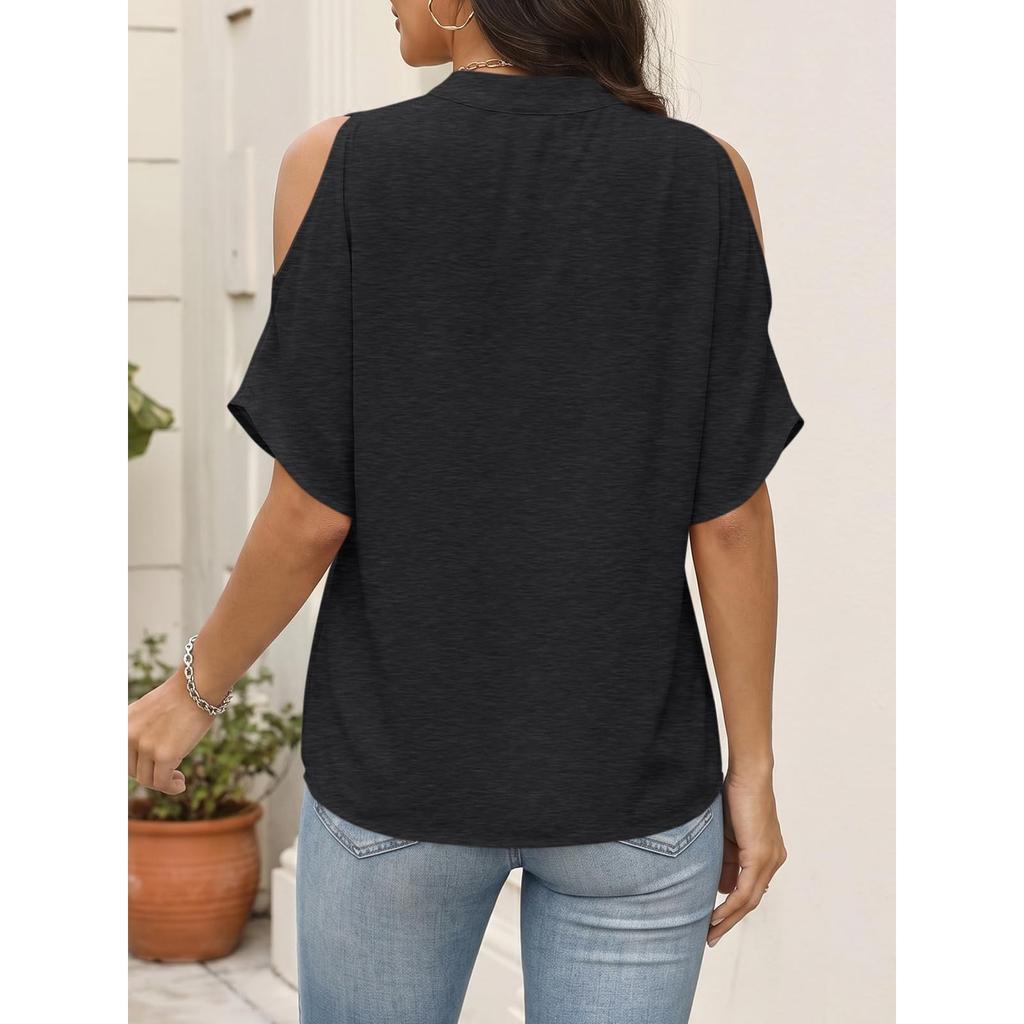 Womens Cold Shoulder V Neck T Shirt Short Sleeve Casual Loose Fit Top Summer Lightweight Blouse