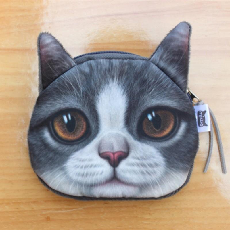 New 3D Realistic Cat Head Coin Purse Fold Eared Grey Short Hair Cat Animal Wallet Cute Pet Style