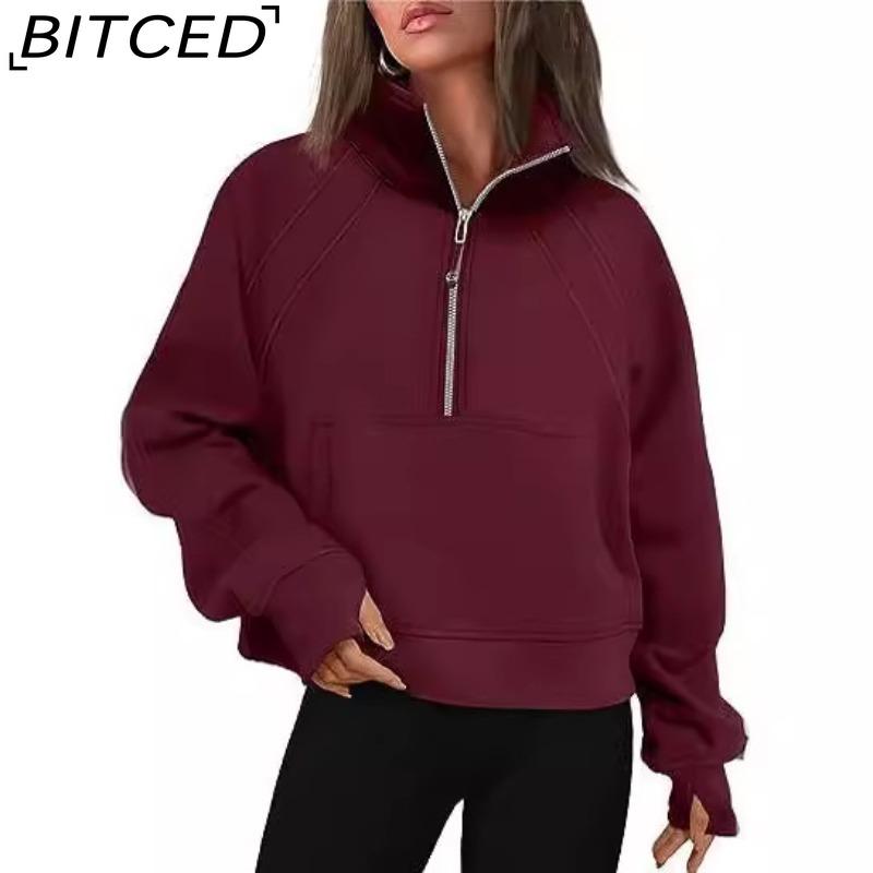 BITCED Autumn/Winter Women's Half-Zip Short-Sleeved Stand Collar Fleece-Lined Solid Colour Sweatshirt
